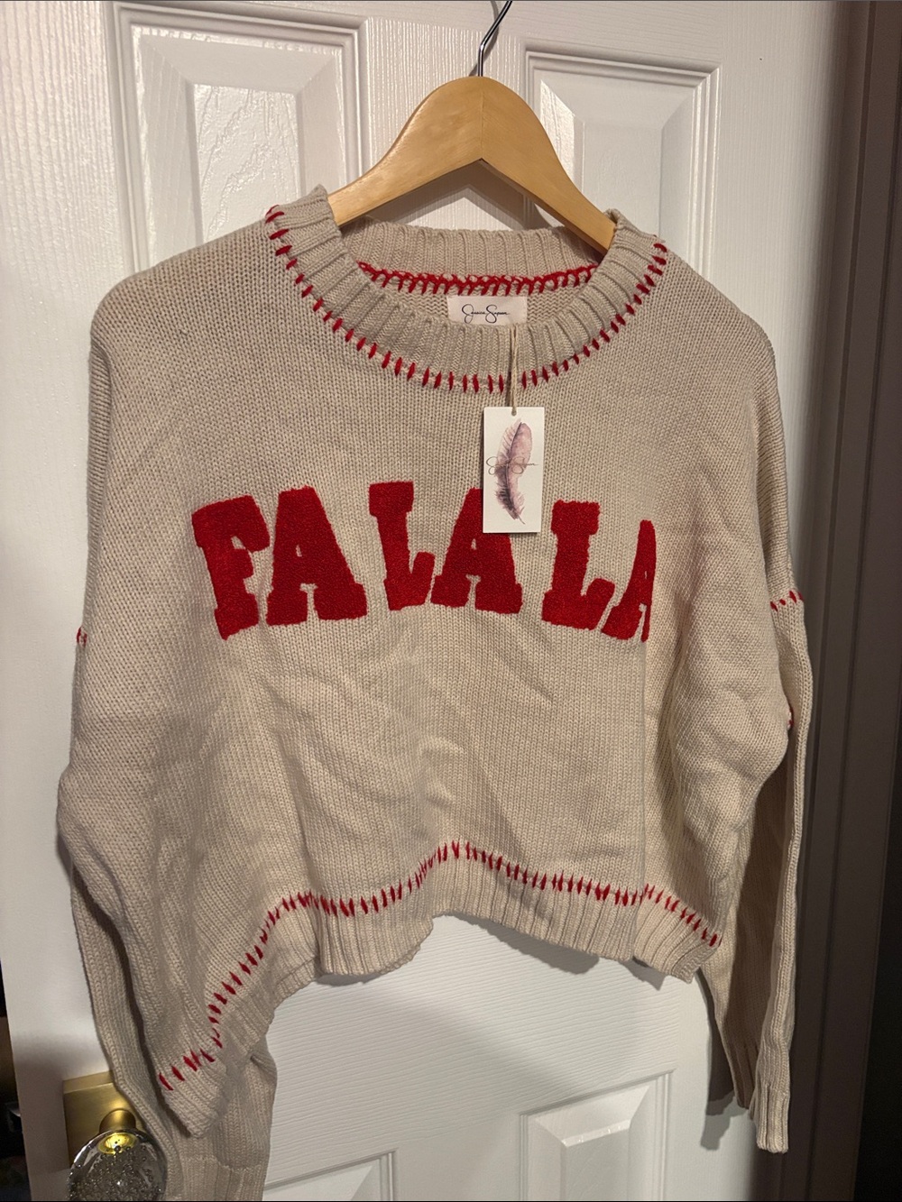 BNWT JESSICA SIMPSON Cream Knit 'FA LA LA' Sweater with Red Lettering